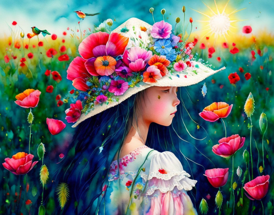 Young girl in floral hat surrounded by poppies and hummingbird under sunny sky