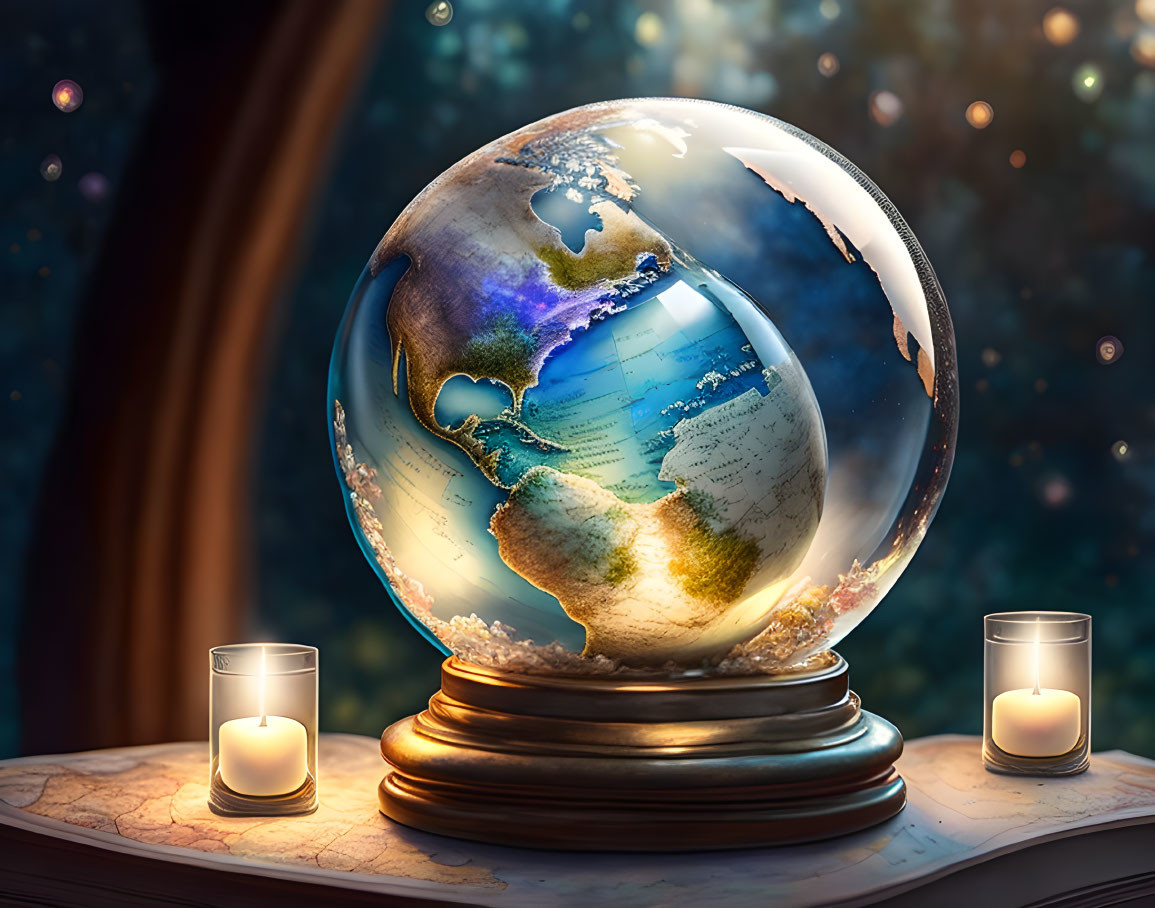 Crystal Globe with World Map, Candles, and Bokeh Window Background