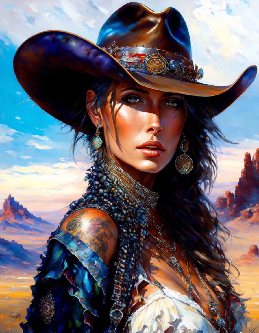 Detailed illustration: Woman with blue eyes in cowboy hat and western attire in desert with rocks