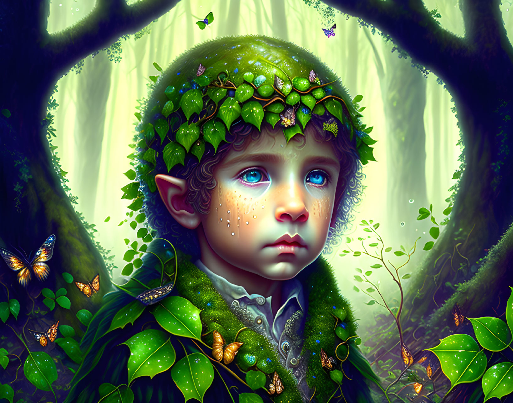 Child with Pointy Ears in Leafy Crown in Magical Forest with Glowing Butterflies