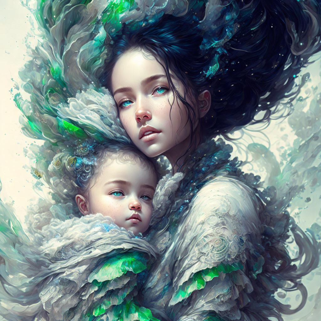 Serene digital artwork of woman and child in blue and green feather swirls