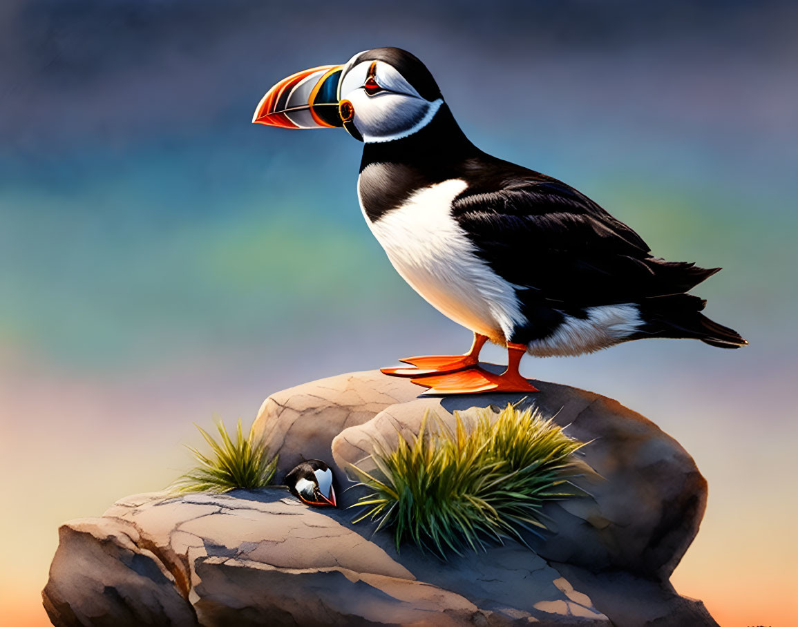 Colorful puffins perched on a rock with vibrant beaks.