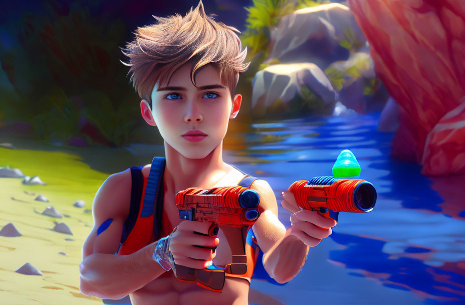 Stylized animated boy with blue eyes and toy blaster on vibrant beach