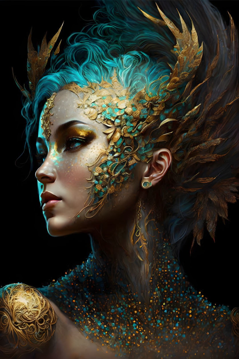 Teal-haired person with golden leaf adornments on face, ears, and shoulders