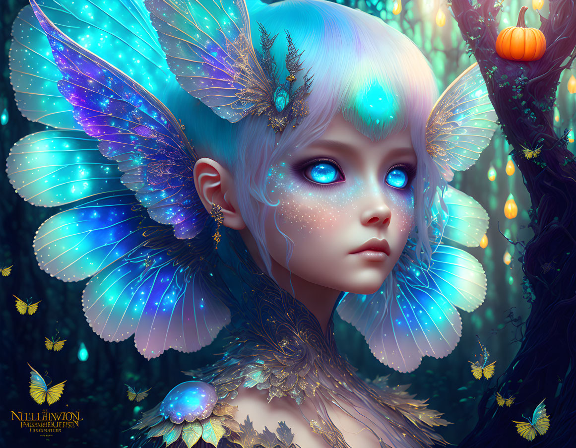 Mystical fairy digital art with blue wings and forest background