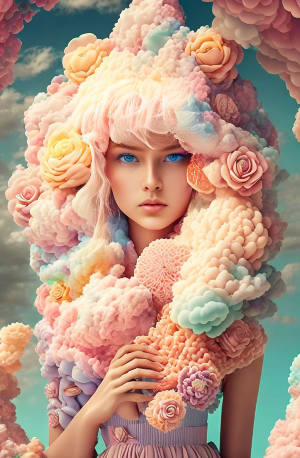 Person with Pastel Floral Hair and Blue Eyes in Surreal Portrait