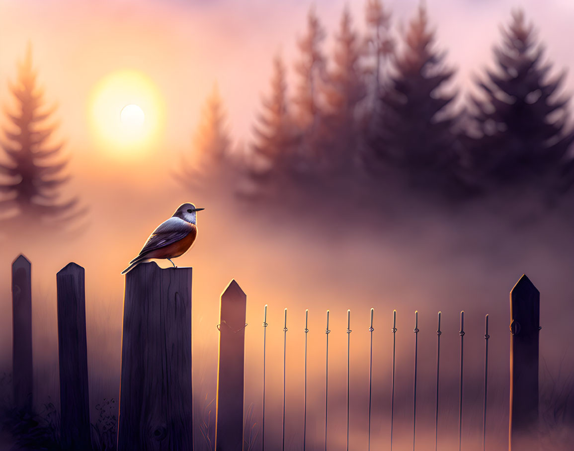 Bird perched on wooden fence post at sunset with misty forest backdrop