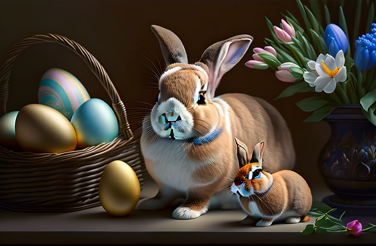 Digital illustration: Two rabbits with Easter eggs and spring flowers