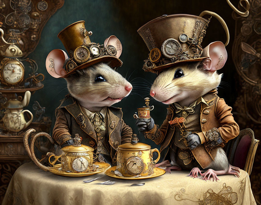 Anthropomorphic mice in steampunk attire enjoying tea in elegant Victorian setting