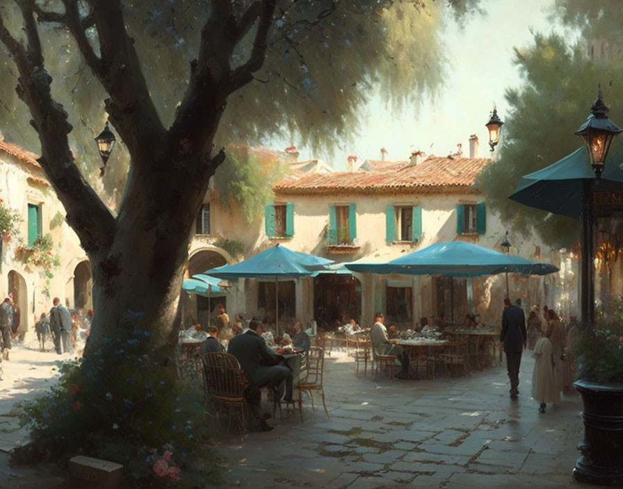 Street Café Scene with Patrons Under Blue Umbrellas and Quaint Buildings