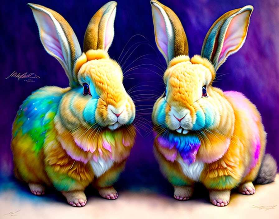 Colorful Rainbow-Hued Rabbits on Purple and Blue Background