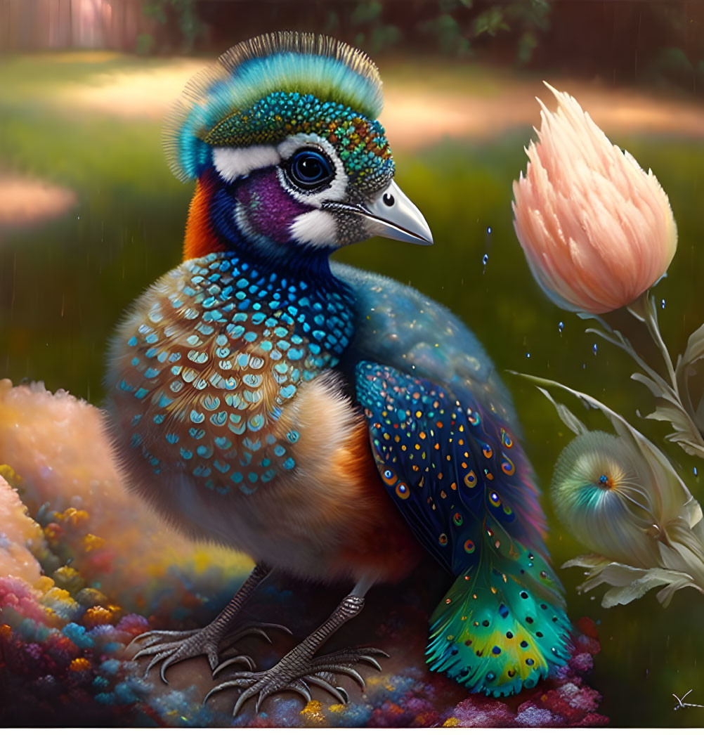 Colorful Fantastical Bird Illustration with Blooming Flower