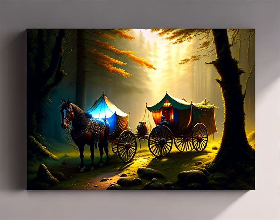 Enchanted forest painting with horse-drawn carriage and colorful tents at sunrise