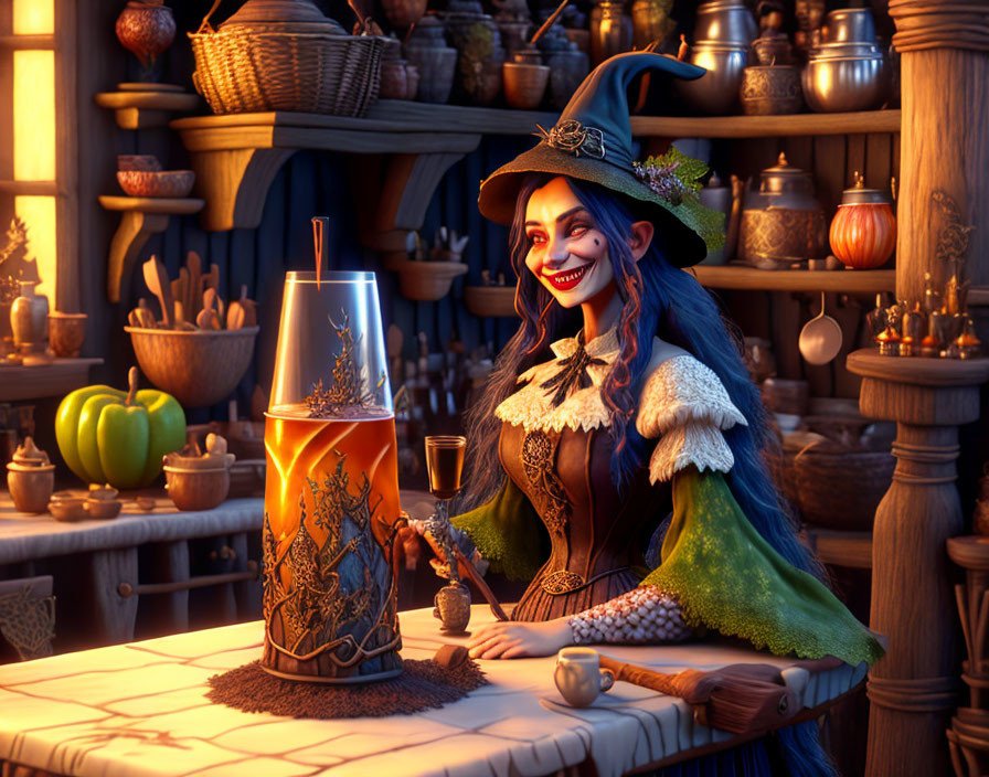 Smiling witch with pumpkin lantern and magical items in cozy room