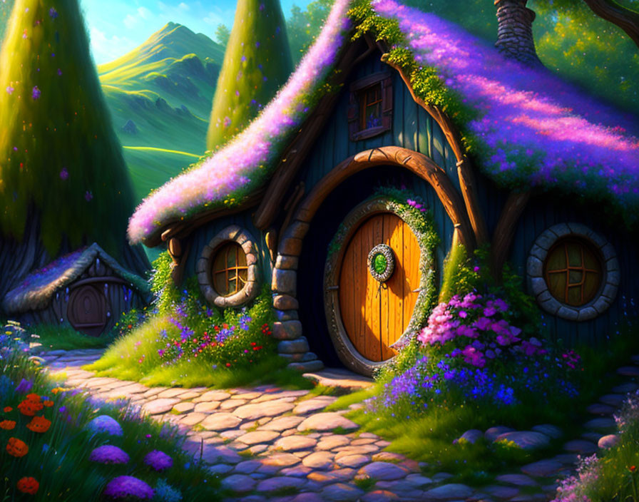 Whimsical cottage with round door in vibrant flower-filled landscape