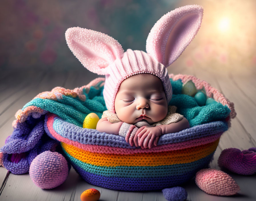 Infant in Bunny Hat Sleeping in Crocheted Basket with Easter Eggs