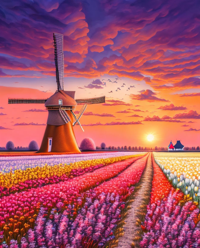 Colorful tulip field sunset with windmill and birds in dramatic sky