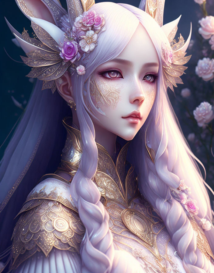 Fantasy illustration of female character with purple eyes, silver hair, elven ears, golden headpiece