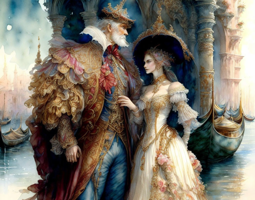 Opulent royal couple in Renaissance attire with fantasy city backdrop