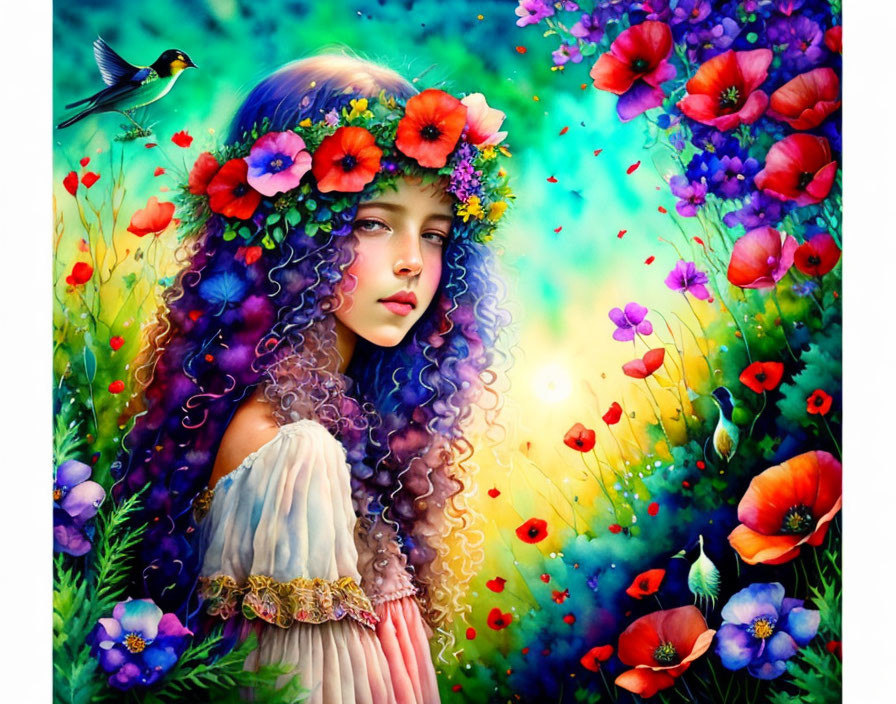 Vibrant illustration of young girl in flower field with bird