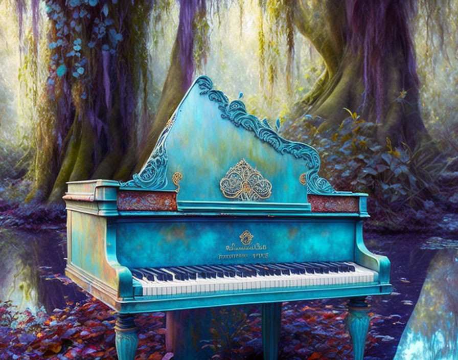 Blue ornate piano in mystical forest setting