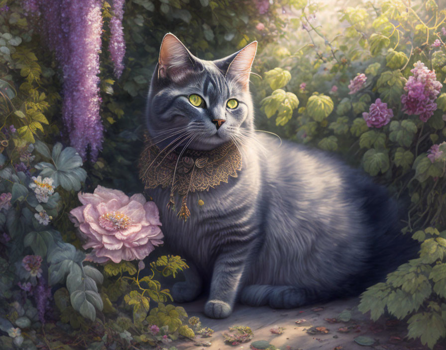 Grey Cat with Lace Collar Among Flowers in Serene Garden