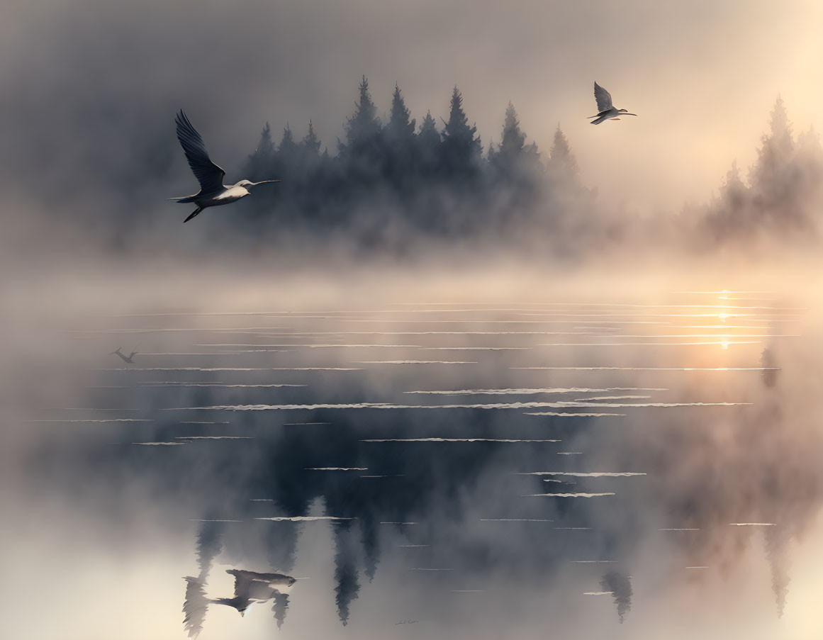 Tranquil misty landscape with birds flying over calm lake at sunrise