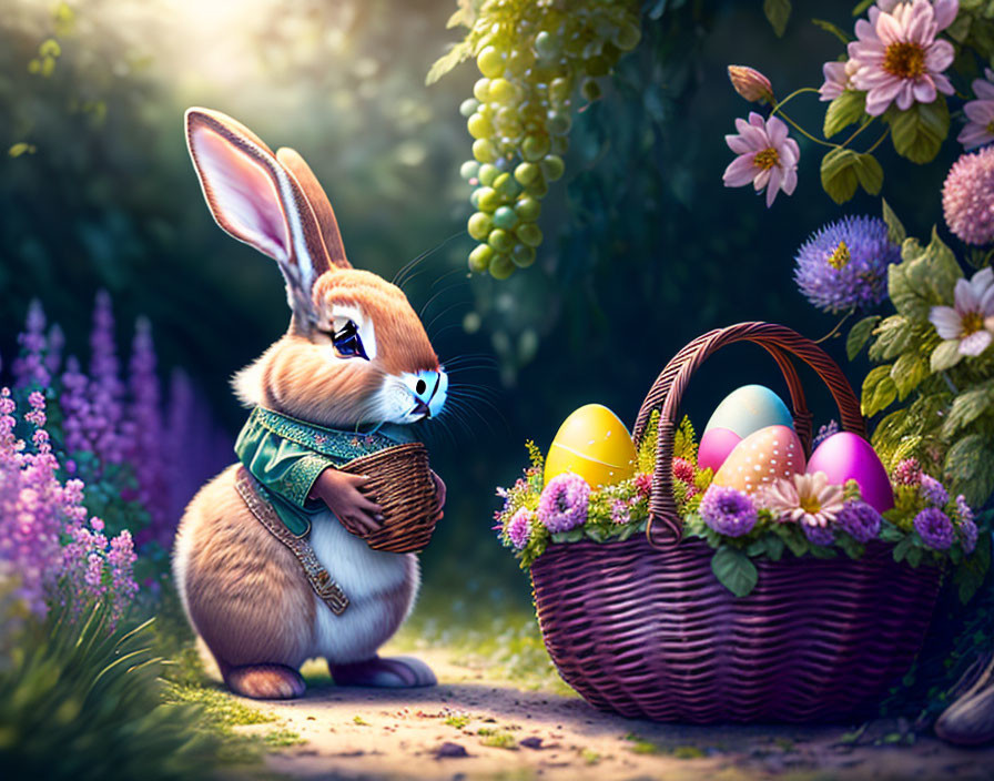 Colorful Easter Bunny with Scarf and Eggs in Basket among Flowers