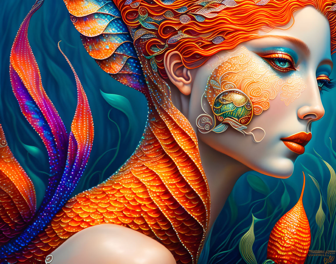 Digital art: Woman with fish-like features, vibrant orange scales, blue hair, intricate patterns.