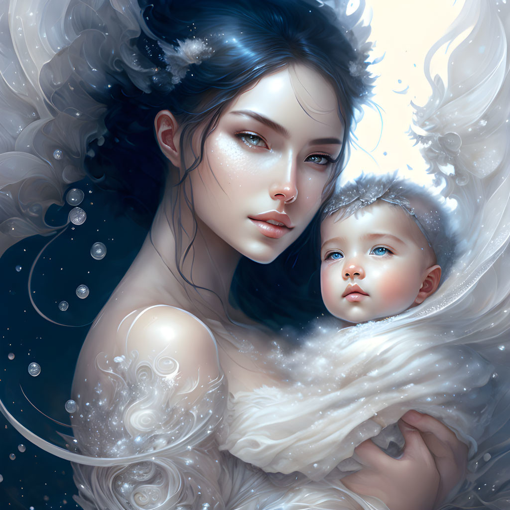 Ethereal digital painting of woman with baby in serene blue and white tones