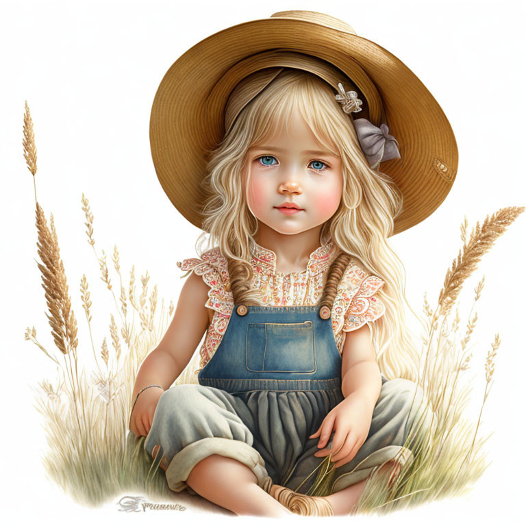 Young girl with blonde hair and blue eyes in straw hat sitting in wheat field