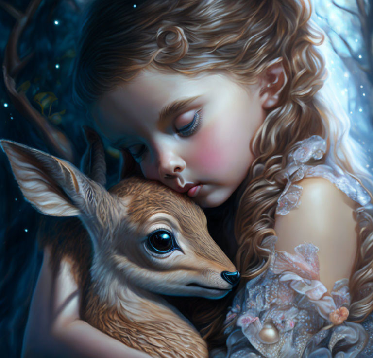 Young girl with curly hair embracing fawn under starry night sky