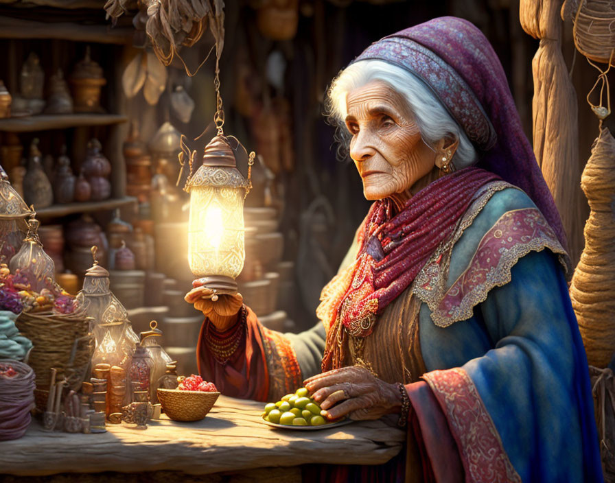 Elderly woman with lantern in cozy market scene