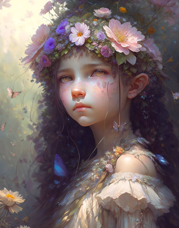 Digital Artwork: Young Girl with Floral Crown and Butterflies