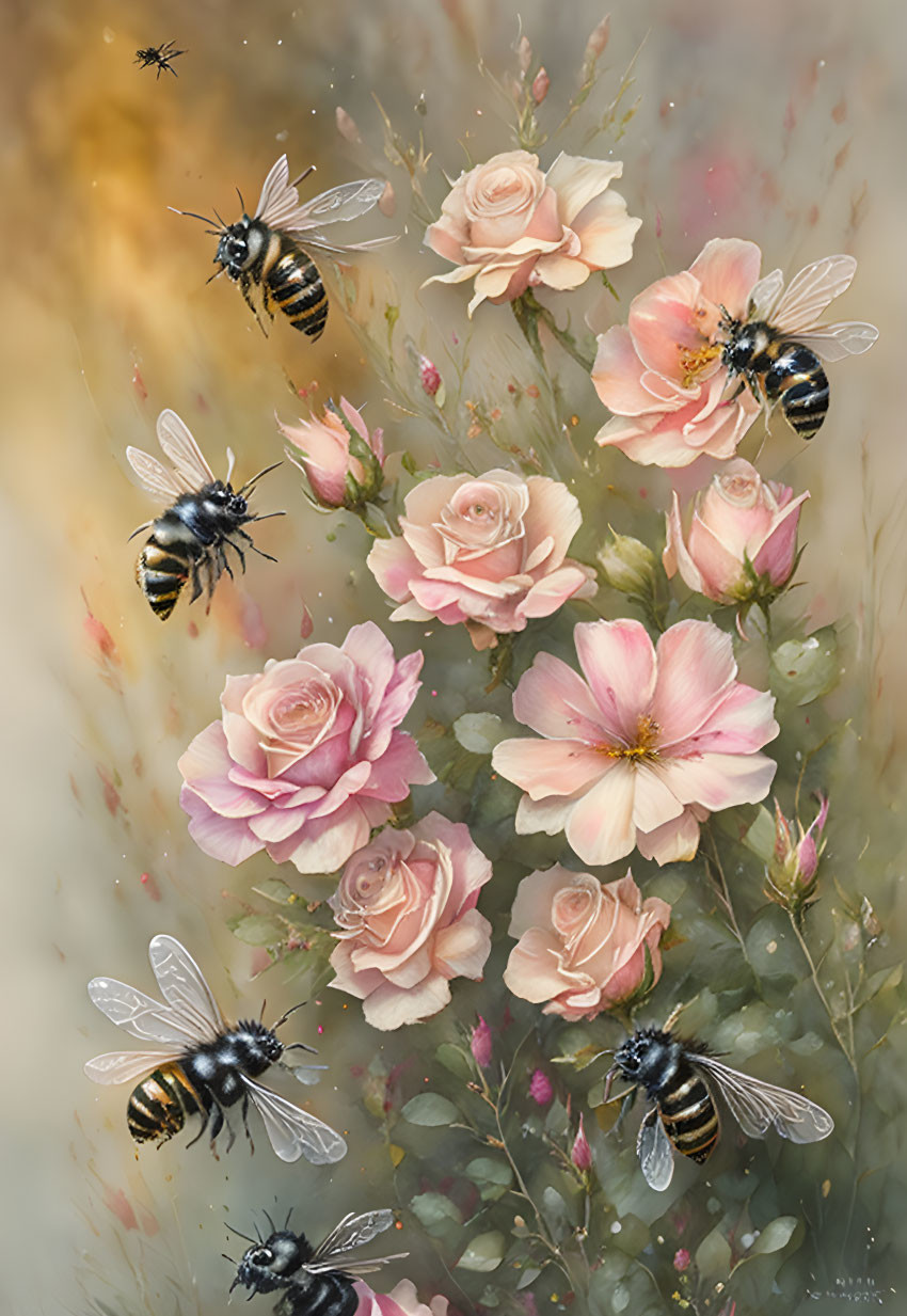 Illustration of honeybees among pink roses and foliage in a warm setting