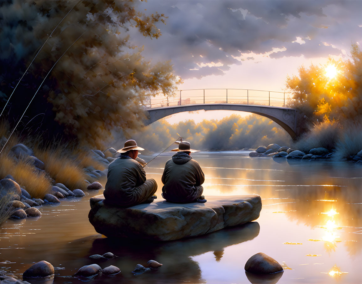 Tranquil sunset scene with two people fishing by a river and a bridge in the background