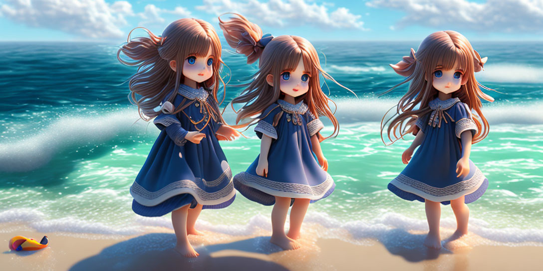 Three animated girls in matching blue dresses on sunny beach with waves and toy boat.