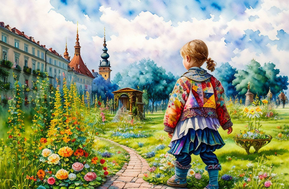 Child in Colorful Outfit Observing Vibrant Garden Pathway and Classical Architecture