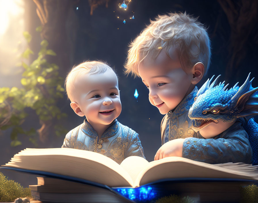 Smiling toddlers with blue dragon storybook in fairytale setting