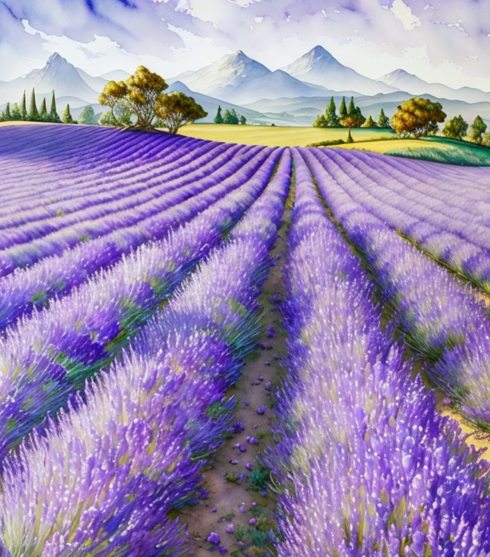 Vibrant lavender field with rows and distant mountains under cloudy sky