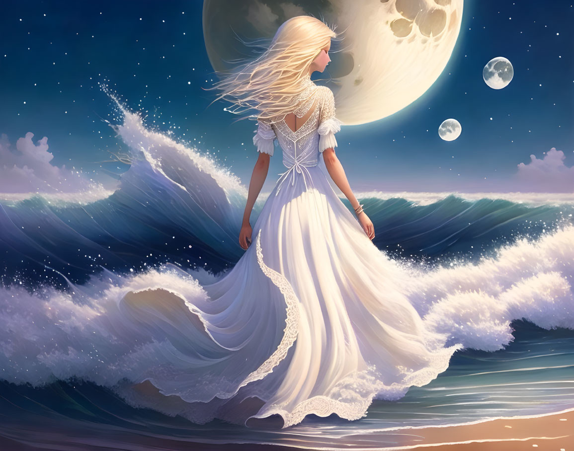 Woman in white dress merges with ocean waves under moonlit sky