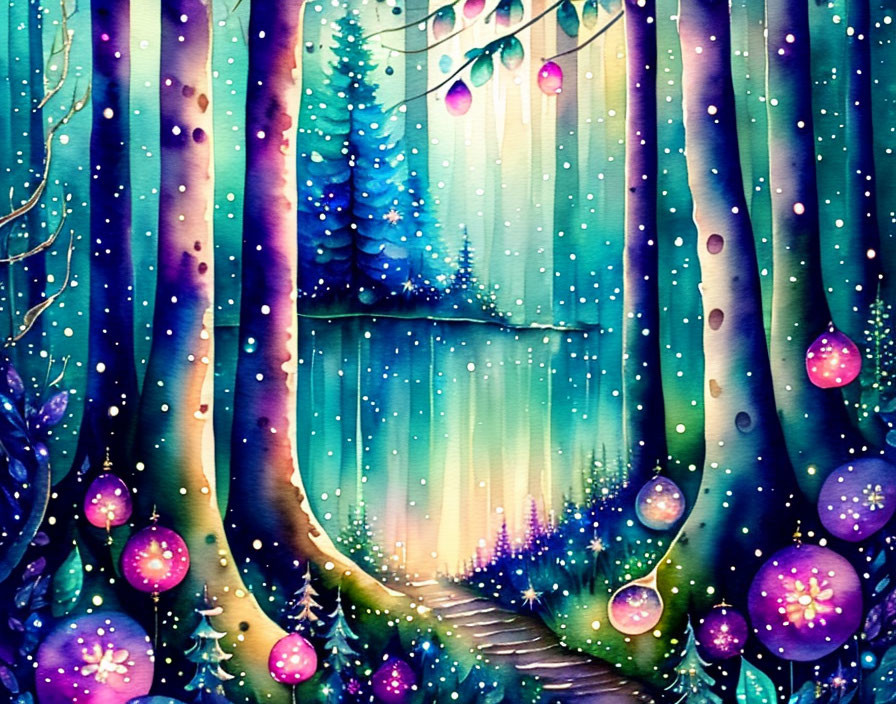 Colorful Watercolor Forest with Whimsical Trees and Snowy Sky