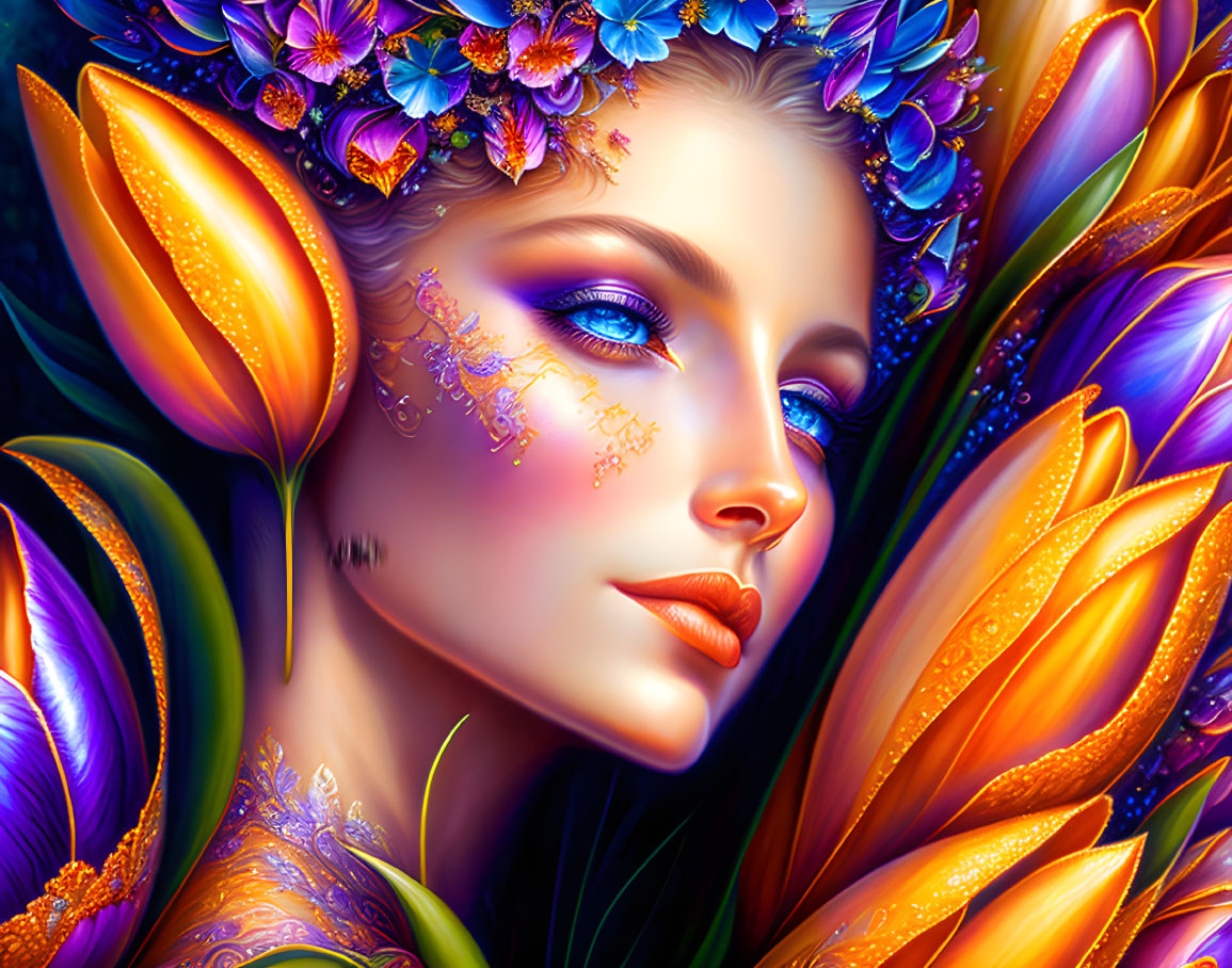 Digital artwork: Woman with floral adornments in luminous orange petals