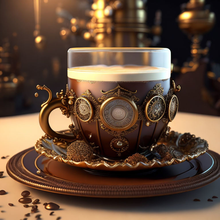 Golden-brown ornate coffee cup with intricate designs and coffee beans on saucer.