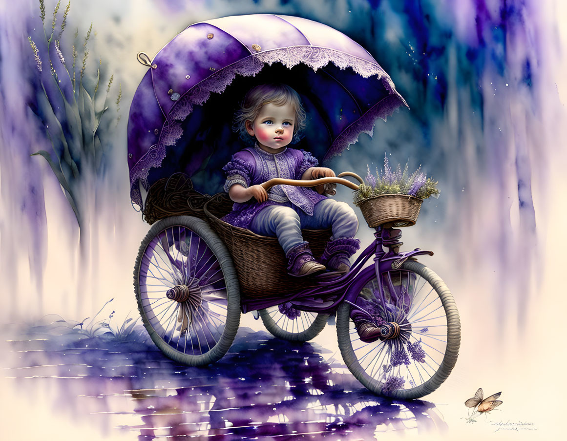 Toddler in Vintage Carriage with Blue Eyes in Mystical Purple Landscape