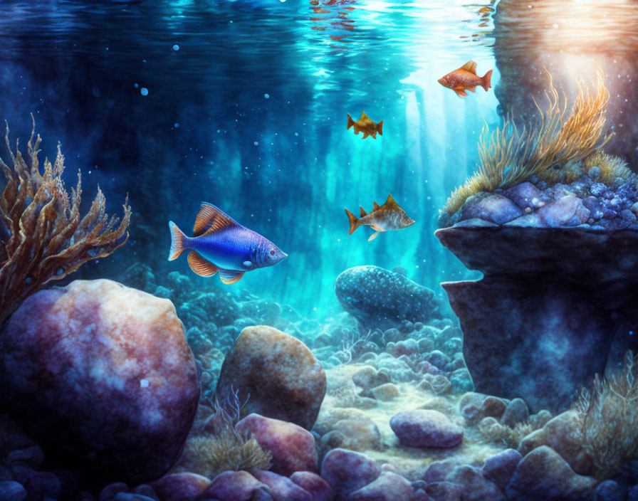 Vibrant fish in underwater scene with rocks and plants under sunlight.