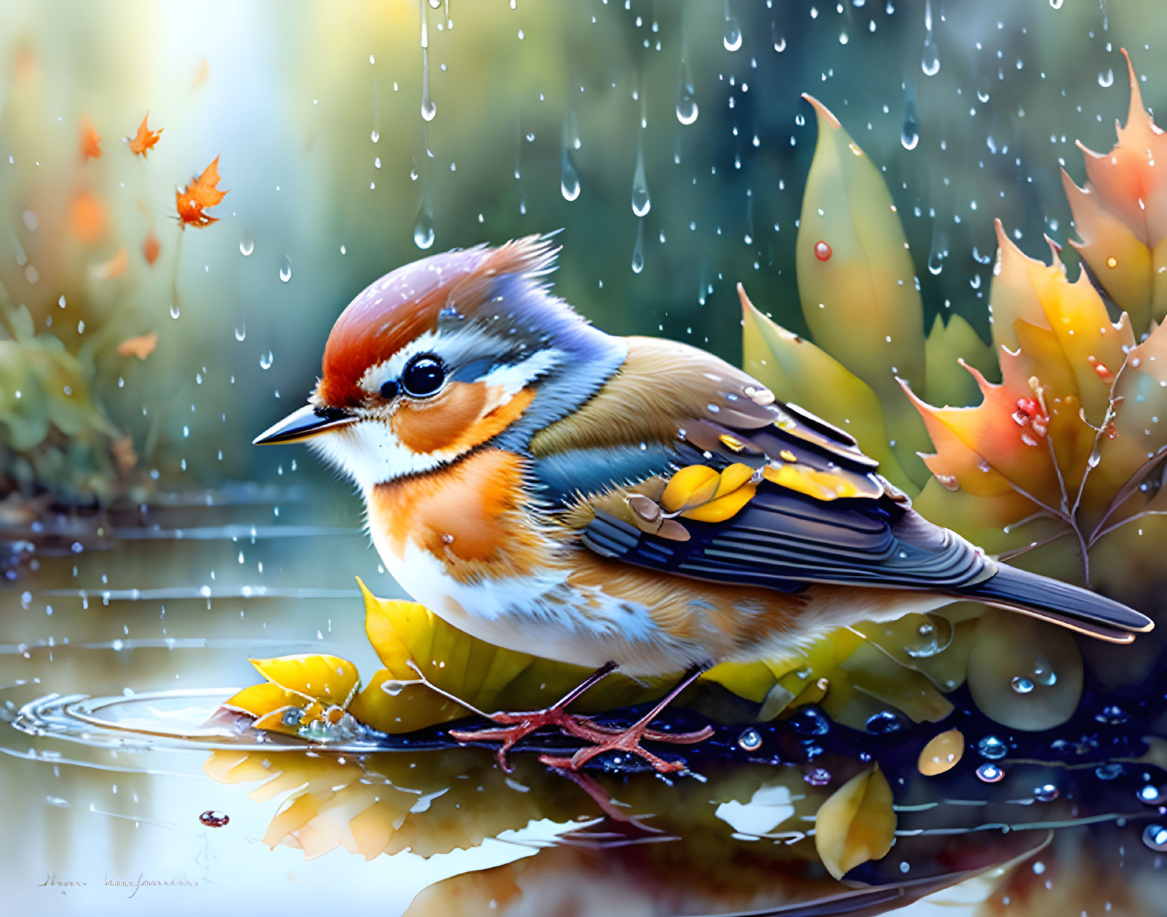 Colorful Bird Perched on Twig with Falling Leaves and Raindrops