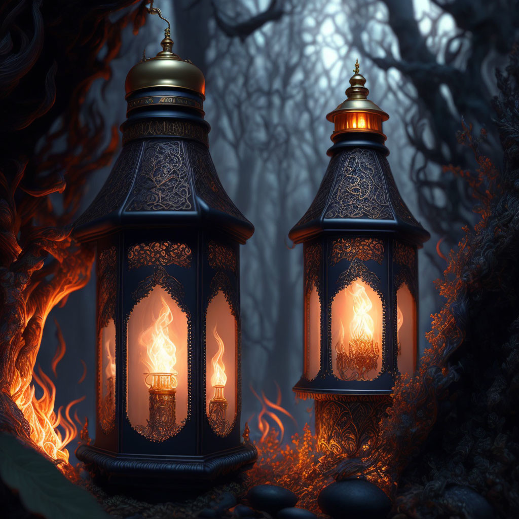 Ornate lanterns glowing in dark forest with twisted branches