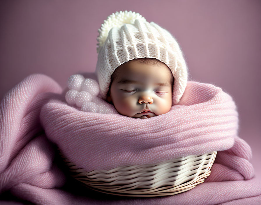 Newborn Baby Sleeping in Basket with Pink Blanket and White Knitted Hat