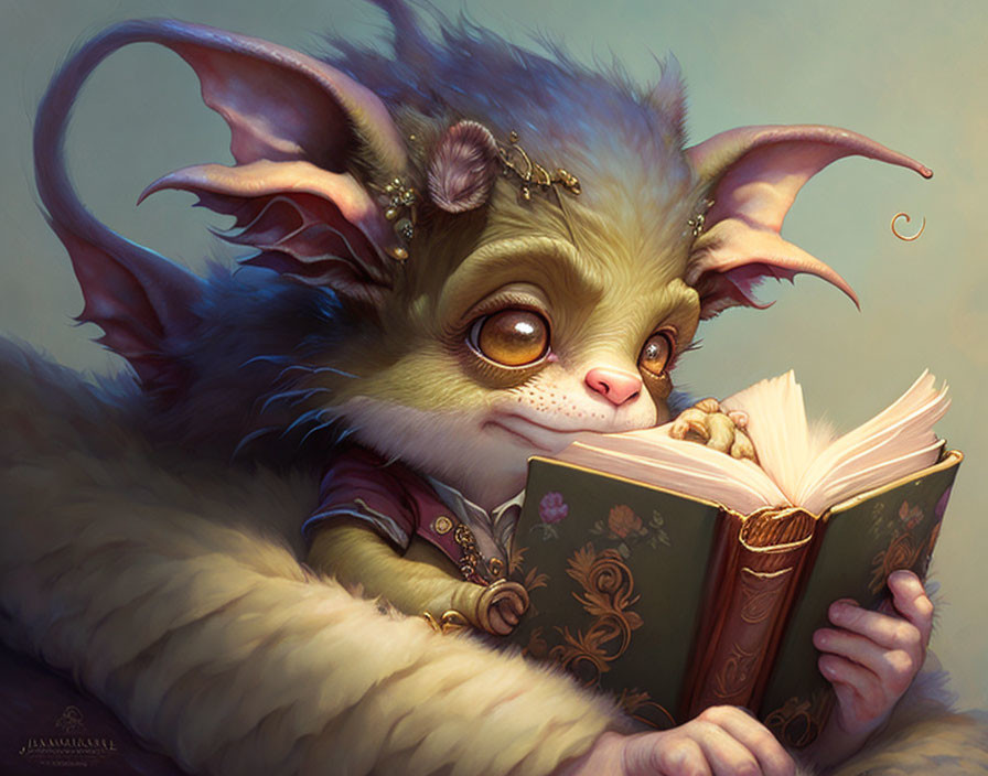 Furry creature with large ears reading book and wearing jewelry